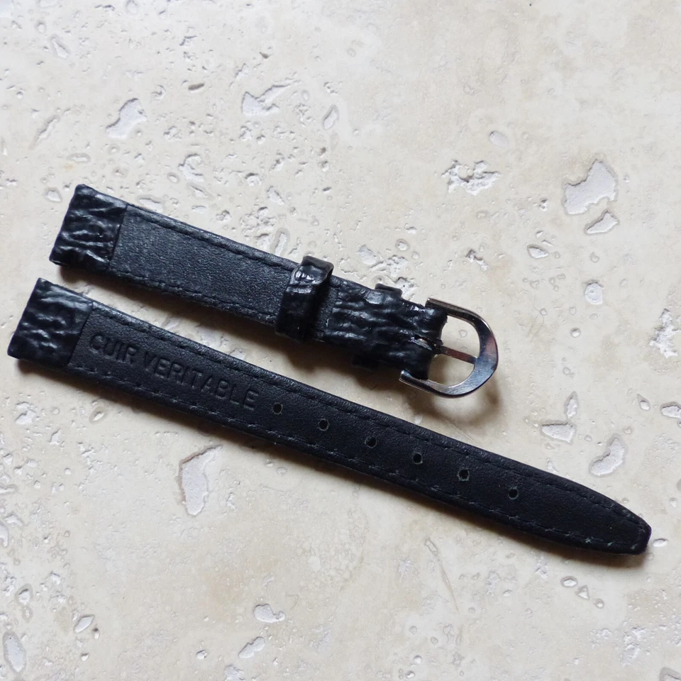BRACELET de MONTRE en CUIR VERITABLE NOIR GRAIN REQUIN 14mm NEUF - Photo 4/4