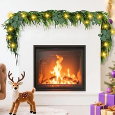 Norfolk Pine Garland with Lights, 6 Ft Faux Garlands with Eucalyptus Leaves C...