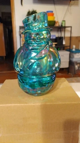 Fenton by Mosser Teal Iridized/Carnival Snowman Fairy  Lamp