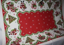Estate Vintage 1960's Christmas Linen Tablecloth Retro Santa Unique
