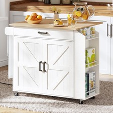 Kitchen Island W/ Drop Leaf Countertop  Power Outlet Rolling Island Cart