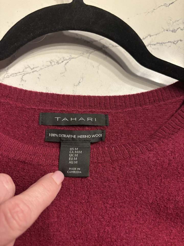 Suéter feminino Tahari tamanho M extra fino lã merino marrom baga pulôver gola V - Imagem 2 de 3