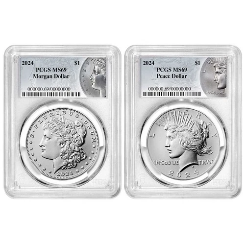 2pc Set - 2024 $1 Morgan and Peace Silver Dollar PCGS MS69 Morgan & Peace Label