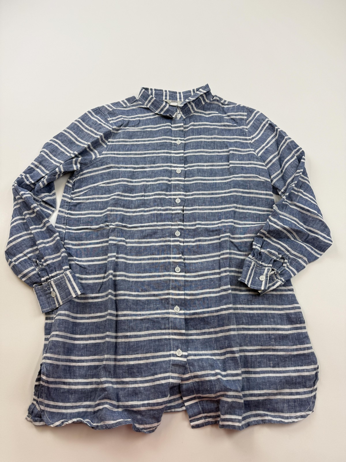 Garnet Hill Shirt Womens Medium Blue Striped Linen Button Up Long Sleeve Tunic