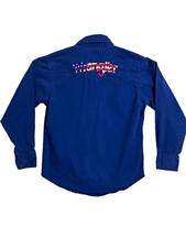 VTG Wrangler Boys 7/8 Blue Western Snap Long Sleeve Cotton Shirt USA Flag