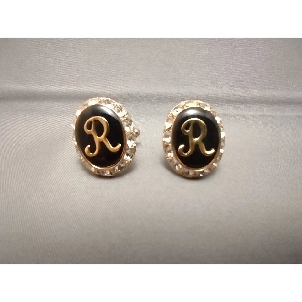 Gemelos De Colección Tono Dorado Inicial R Negro Esmalte Estrás Ovalados Negocios Formales Foto 4 de 4