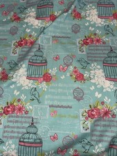 Pair Blue Birdcage / Floral Design Curtains - 60”W x 54”L Eyelet Top Cottagecore
