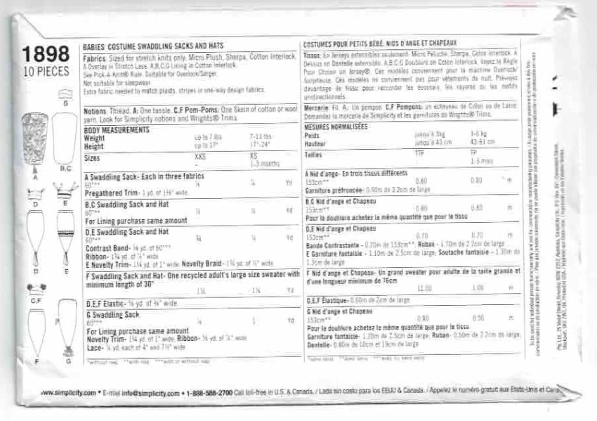 Baby Infant Swadding Sack & Hats Hat Pattern Simplicity 1898 Uncut FF 2012 VTG - Image 2 of 2