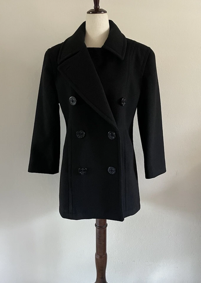 VTG Jones New York 100% Wool Black Double Breasted Coat w/Pockets Size Small - Image 2 of 4