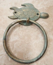 Seashore Beach House Turtle Hand Towel Ring Bath Kitchen Verdigris Cast Iron