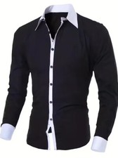 Button Up Shirts Black Solid Graphic White Trim White Collar Men's Long Sleeve