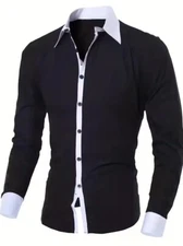 Button Up Shirts Black Solid Graphic White Trim White Collar Men's Long Sleeve