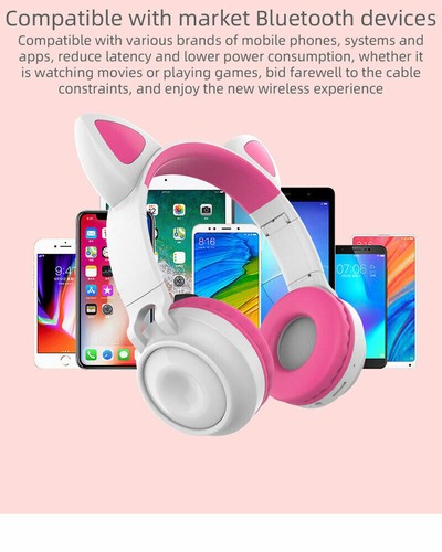 Bluetooth Wireless Cat Ear Headsets LED w/Mic Headphones For Kids Girls - Picture 8 of 15