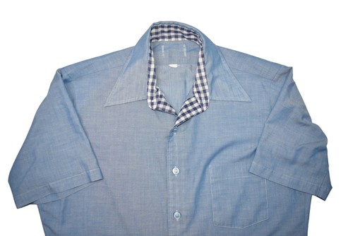 Vintage Chambray Shirt Mens L Blue Short Sleeve Button Up 80s Lightweight - Picture 3 of 6
