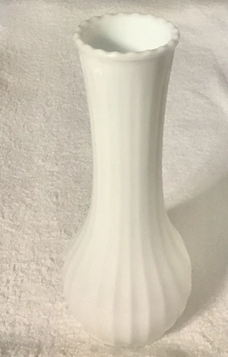 11.75” Vintage Large White Milk Glass Vase Ribbed Wide Bottom Sawtooth Rim