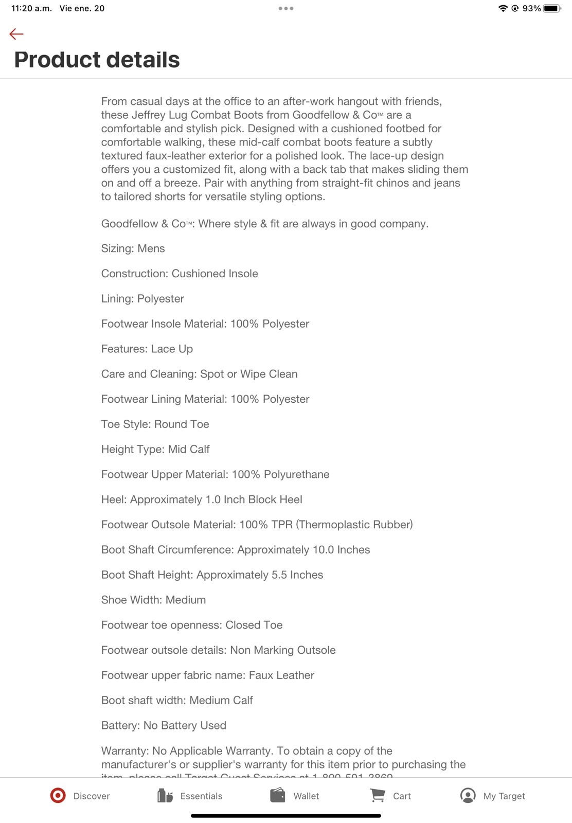 Size 11 Men's Jeffrey Cap Toe Combat Boots Goodfellow & Co