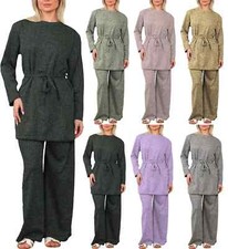 Ladies Round Neck Needle Rib 2 Piece Set Long Belted Women Tracksuit Modest Wear