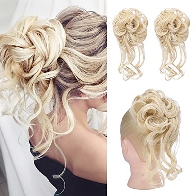 Messy Bun Hair Piece, 2PCS Tousled Updo with Tendrils 2 Pack Cool Light Blonde