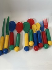 Vintage 1980s Plastic Cutlery Lot Of Red, Yellow, Blue, Green Pretend Play MCM