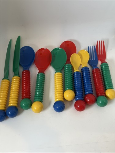 Vintage 1980s Plastic Cutlery Lot Of Red, Yellow, Blue, Green Pretend Play MCM