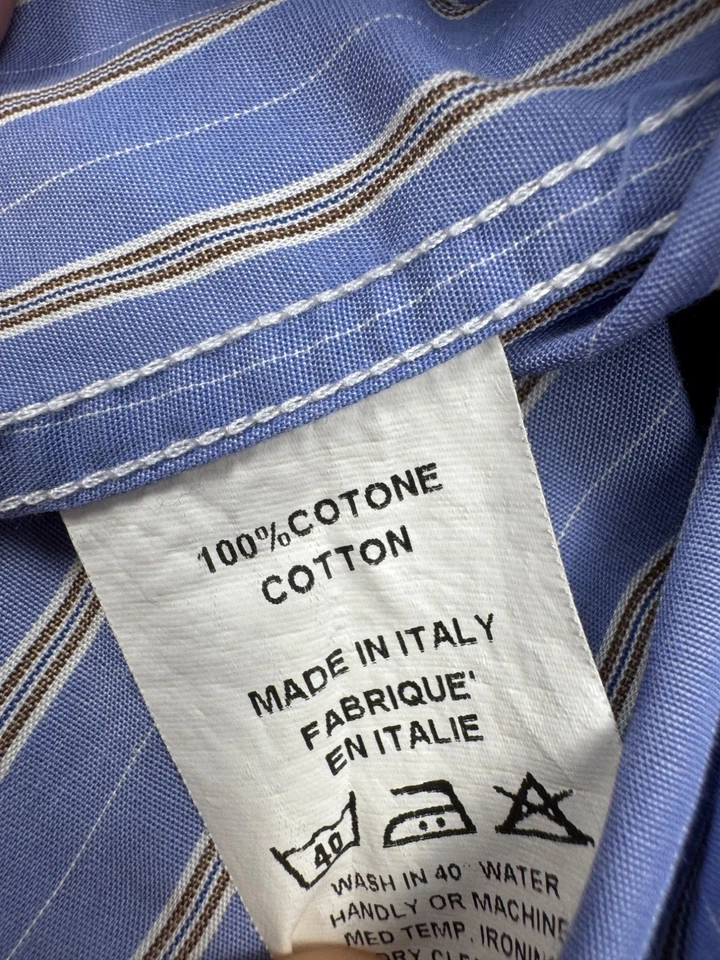 Camisa Barneys New York Hombre Mediana Azul Rayas Carrera Abotonada Hecha en Italia Foto 4 de 4