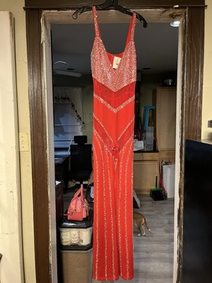 Crazy Creative Boutique Red Beaded Mesh Sweetheart Sleeveless Long Gown S/M