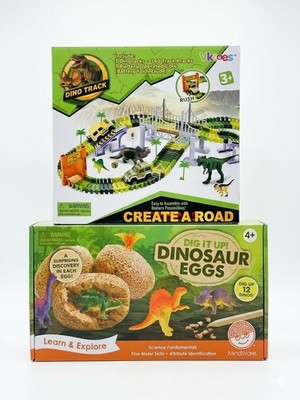 Dinosaur Track Set + Dig It Up Dinosaur Eggs Bundle Kids STEM Toy Lot NEW