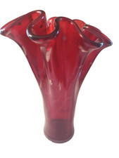 Murano Art Glass Vase Handkerchief Ruffled Red w/Gold Flecks 16"