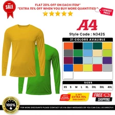 A4 N3425 Mens Polyester Long Sleeve Moisture Wicking Tee Dri-Fit Sprint T-Shirt