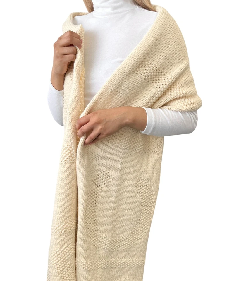 CHANEL Vintage Logo CC Tejido Bufanda Envoltura Accesorio Crema Lana Puntada Foto 2 de 4