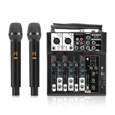 4 Channel Audio Mixer, Karaoke Mixer with Dual Wireless Microphones, Professiona