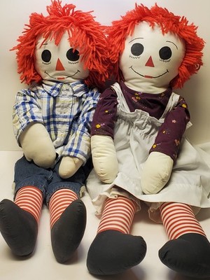 Vintage Raggedy Ann & Andy Cloth Dolls 32  Long Handmade Large I Love You 