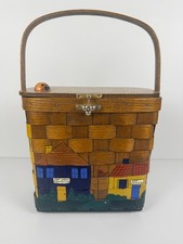 Vintage Caro Nan Hand Painted Wooden Woven Basket Purse Signed Lined Handbag