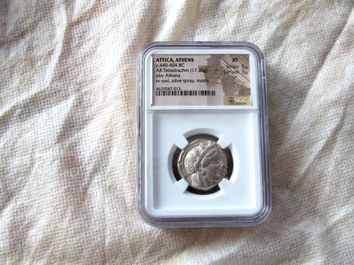 Attica Athens GREEK OWL NGC XF Ancient Tetradrachm Athena Olive Spray Moon