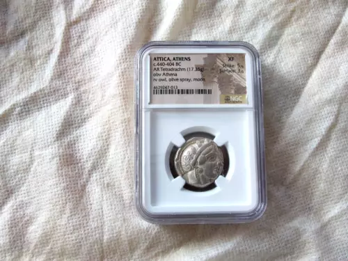 Attica Athens GREEK OWL NGC XF Ancient Tetradrachm Athena Olive Spray Moon