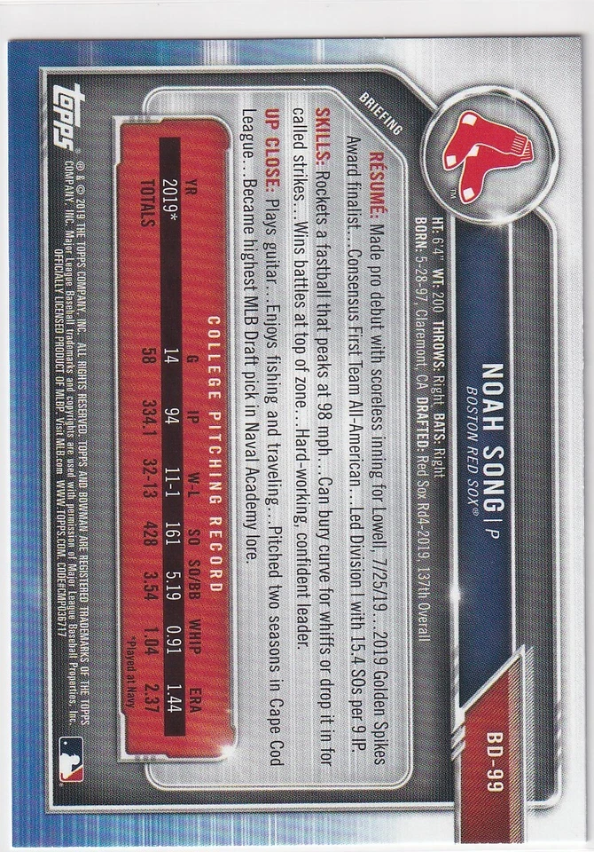 2019 BOWMAN DRAFT 1ST RC NOAH SONG BOSTON RED SOX FIRST ROOKIE S4101 - Image 2 of 2