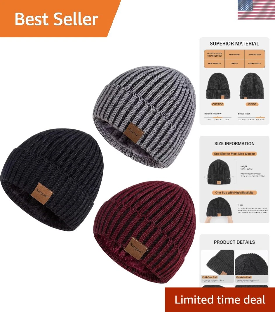 Warm Thermal Fleece Beanie Hats for Men & Women - 3 Pack in Classic Style