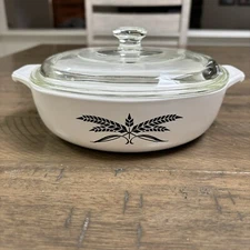 White Anchor Hocking Astro Age Ceramic Casserole Dish With Black Wheat Design 7”