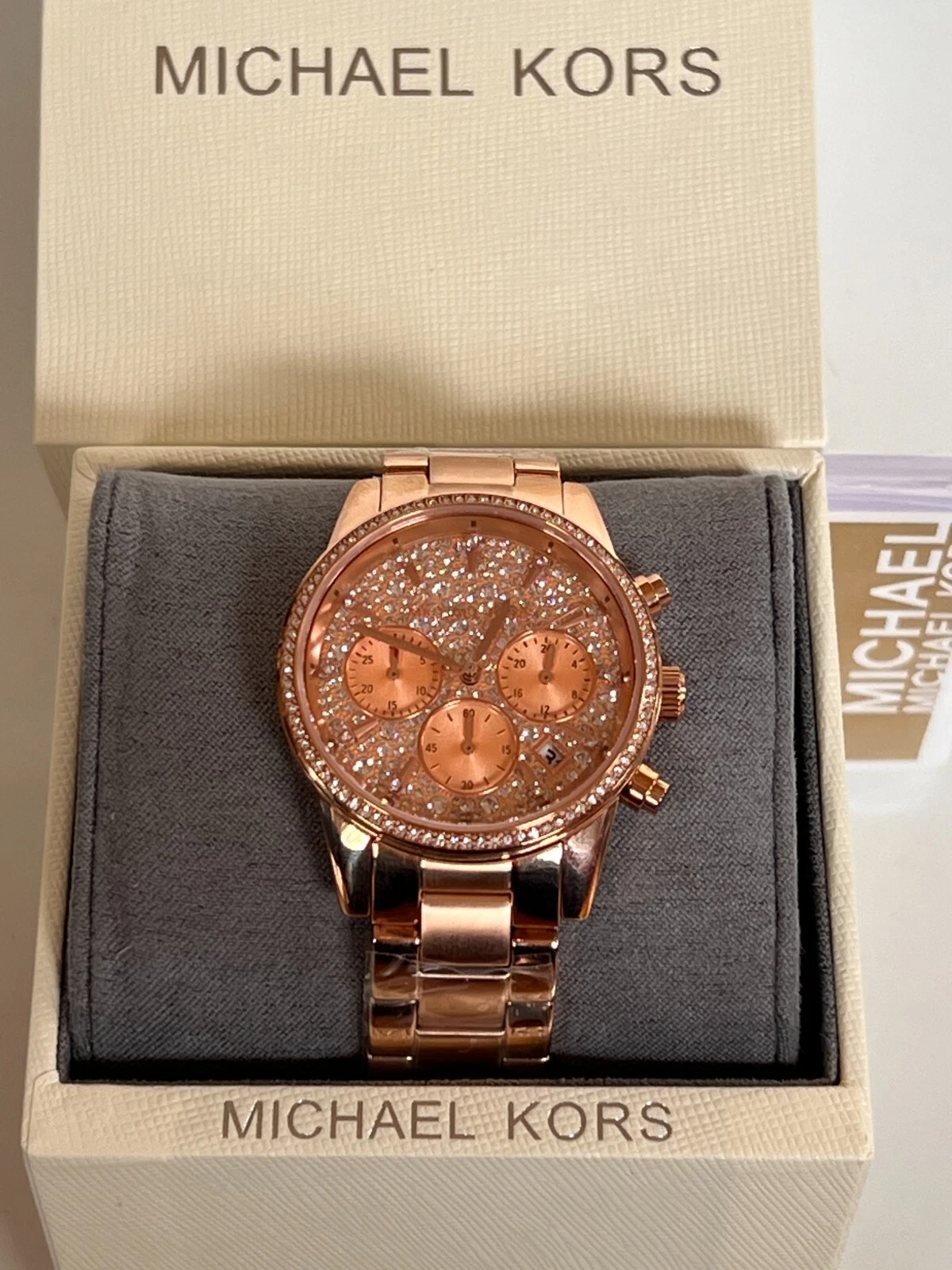 Orologio MICHAEL KORS MK7302 Ritz S acciaio e pavè cristallo tono oro rosa nuovo con etichette $295