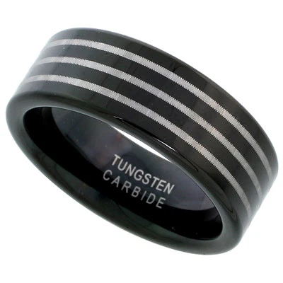 8mm Schwarz Wolfram Ehering, Triple Geätzt Streifen Komfort Passform - Bild 1 von 2