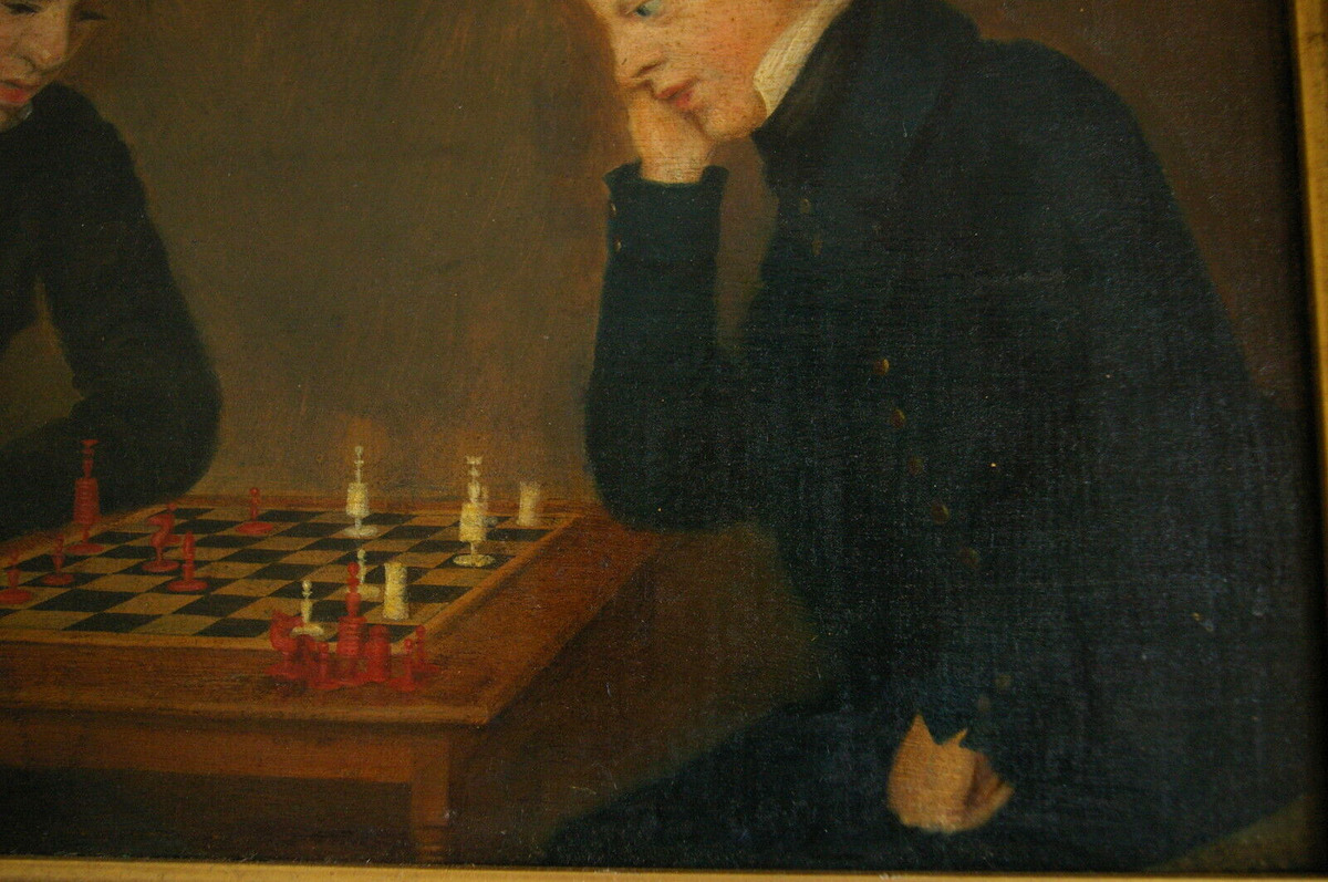 A CHESS GAME - FINE OIL PAINTING - 19th century