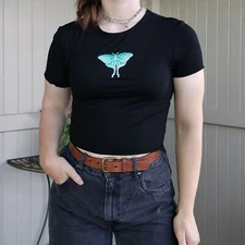 Dangerfield Black Friday Crop Top Black Short Sleeve Lettuce Hem Graphic Size 8