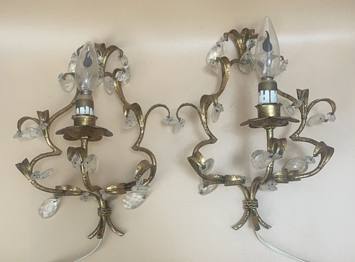 Coppia applique da parete anni 60 Italian One luce elettrica metallo dorato e 16 cristalli - Foto 3 di 18