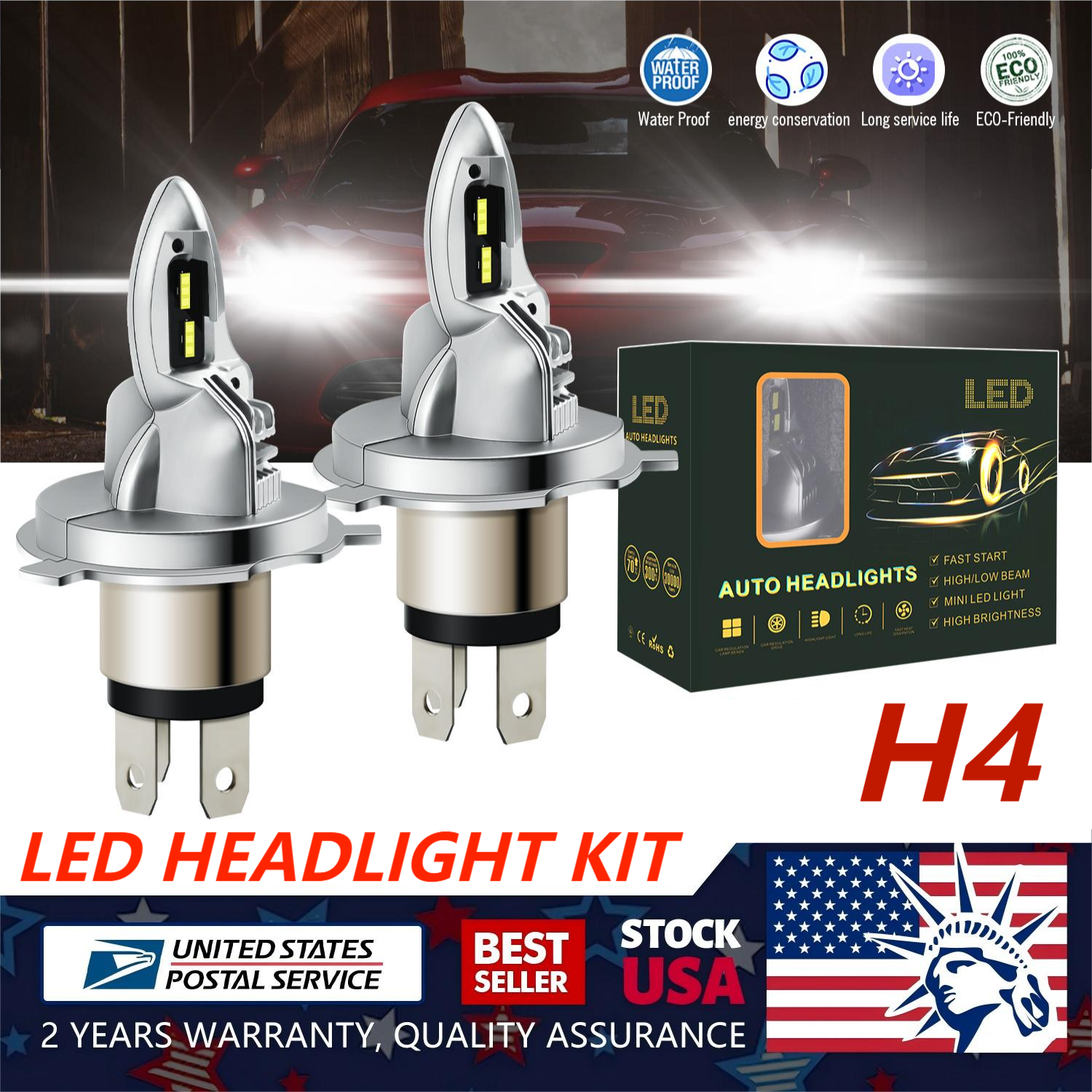 H4 LED Head Bulb Car High&Low Beam Kit 6000K White For 1998-02 Chevrolet Prizm