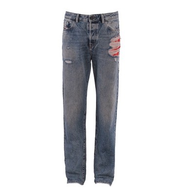 Diesel Men's Pants Jeans Regular Fit Straight High Waist Ripped Blue 09E10