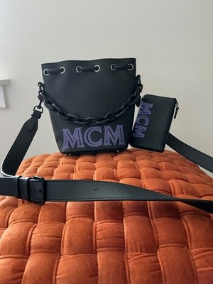 MCM Black Leather Shoulder/Crossbody/Drawstring Handbag w/card