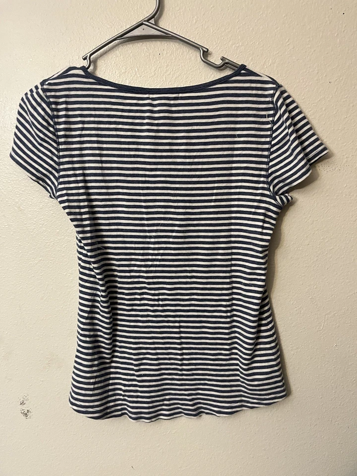 Camiseta Henley a Rayas Azul Chaps Denim Mujer Manga Corta Talla M Y2K Preppy Foto 2 de 4