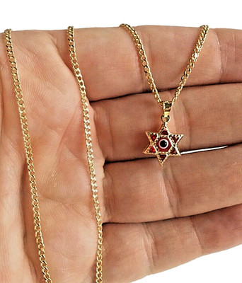 14K massives Gold Davidstern roter böser Blick Anhänger Halskette - 20'' Panzerkette
