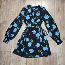 Free People Samantha Lace Up Black Blue Rose Floral Long Sleeve Mini Dress • S