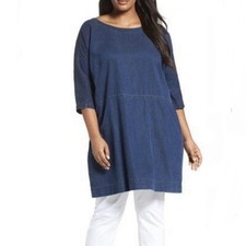 EILEEN FISHER Chambray Shift Dress Casual Denim Blue Boat Neck Pockets